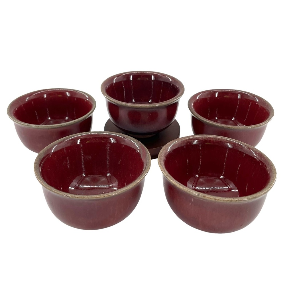 Set of 5 Glazed Deep Red Tea Cups w/Greenish Brown Trim & Organic Unglazed Base